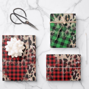 Red & Green Kariert und Cheetah Funky Christmas Geschenkpapier Set