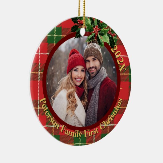 Red Green Kariert | Unser erstes Weihnachts-Foto Keramik Ornament (Rechts)