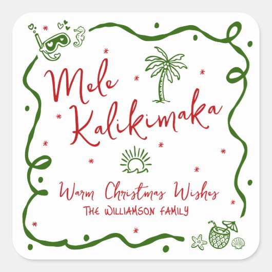 Red Green Mele Kalikimaka Hand Drawn Fun Christmas Quadratischer Aufkleber (Vorderseite)