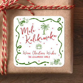 Red Green Mele Kalikimaka Hand Drawn Fun Christmas Quadratischer Aufkleber