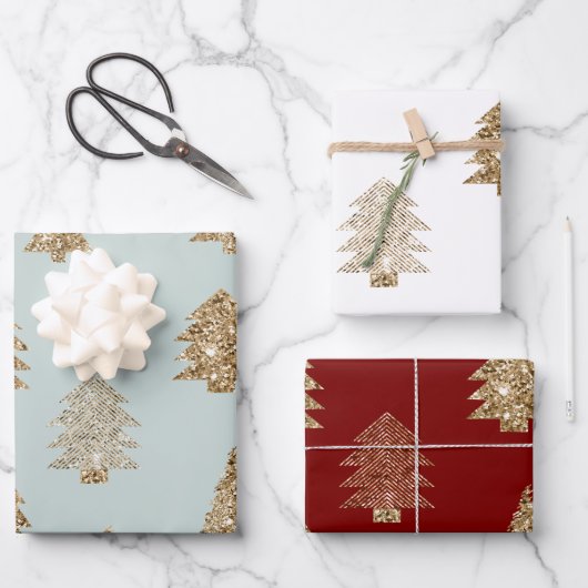 Red Green Mint Gold Glitter Glam Christmas Trees Geschenkpapier Set (Vorderseite)