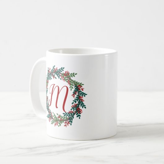 Red Green Monogram Ursprünglicher Weihnachtskranz Kaffeetasse (Vorderseite Links)