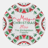 Red Green Nordic Folk Motive auf Linen Weihnachten Runder Aufkleber (Vorderseite)