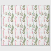 Red & Green Ornaments Candy Canes Pine Christmas Geschenkpapier (Flach)