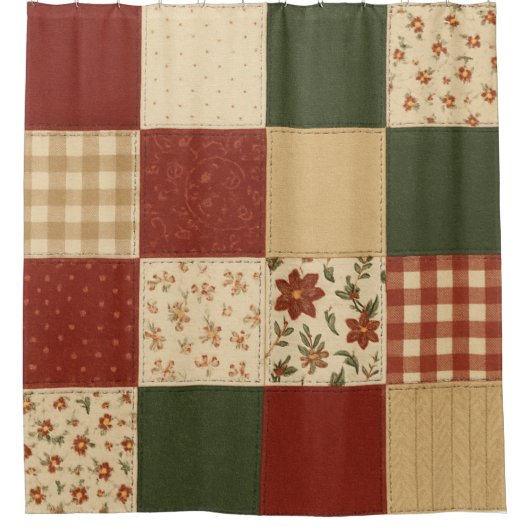 Red Green Patchwork Quilt Rustikales Bauernhaus Bl Duschvorhang (Vorderseite)
