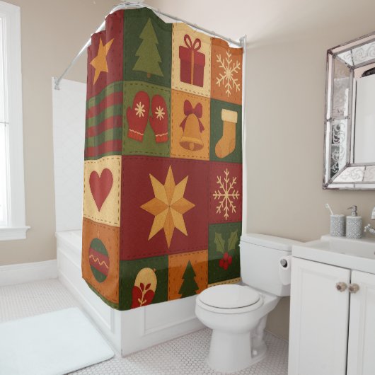 Red Green Patchwork Quilt Rustikales Bauernhaus Bl Duschvorhang (Beispiel)