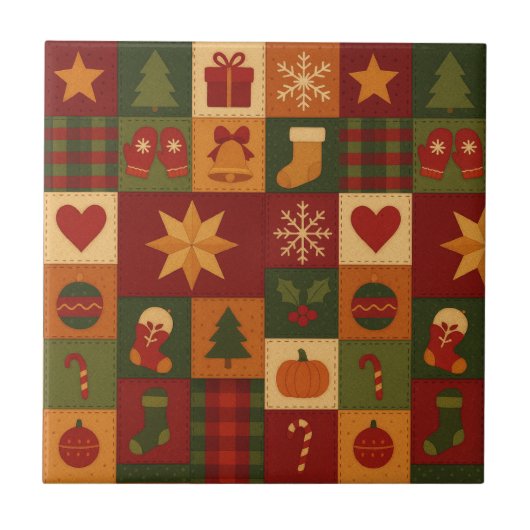 Red Green Patchwork Quilt Rustikales Bauernhaus Bl Fliese (Vorderseite)