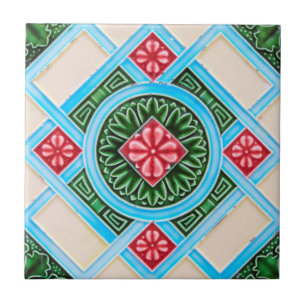 Red Green Peranakan Floral Geometric Ornamental Fliese