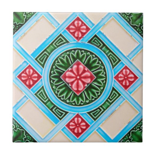 Red Green Peranakan Floral Geometric Ornamental Fliese (Vorderseite)