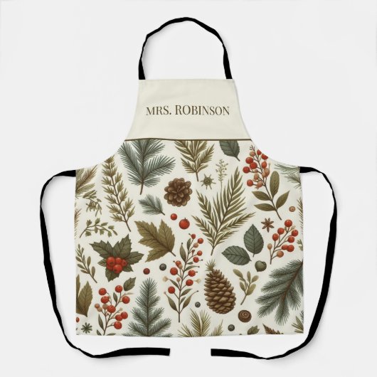 Red Green Pine and Berries Holiday Boho Wassercolo Schürze (Vorderseite)