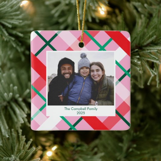 Red Green Pink Plaid Christmas Photo Ornament (Baum)