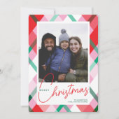 Red Green Pink Weihnachten Karierte Fotokarte (Vorderseite)