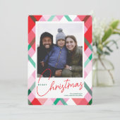 Red Green Pink Weihnachten Karierte Fotokarte (Stehend Vorderseite)