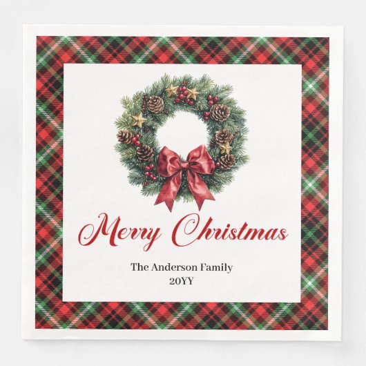 Red Green Plaid Christmas Wreath Napkins Custom Serviette (Vorderseite)