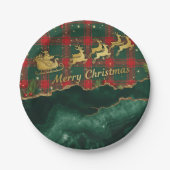 Red Green Plaid Santa Sleigh Merry Christmas Pappteller (Vorderseite)
