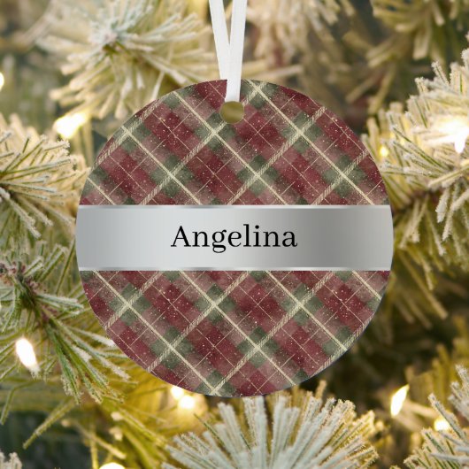 Red Green Plaid Silver Ribbon Christmas Ornament Aus Metall (InSitu)