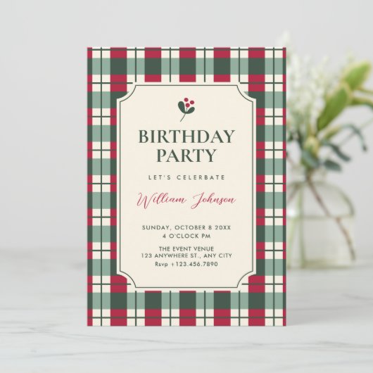 Red green plaid tartan pattern birthday einladung (Stehend Vorderseite)