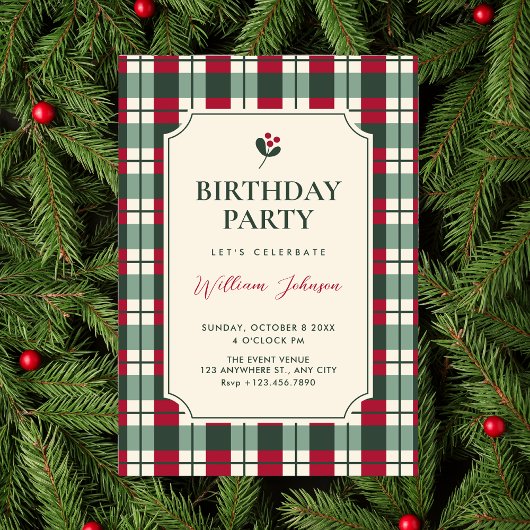 Red green plaid tartan pattern birthday einladung