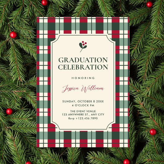Red green plaid tartan pattern graduation einladung