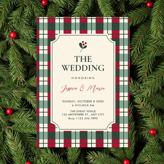 Red green plaid tartan pattern wedding einladung