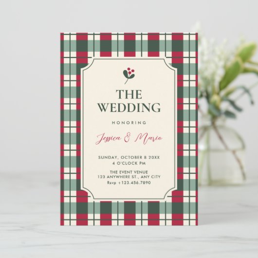 Red green plaid tartan pattern wedding einladung (Stehend Vorderseite)