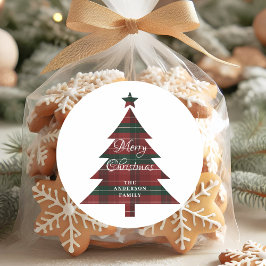 Red Green Plaid Tree Personalized Merry Christmas  Runder Aufkleber