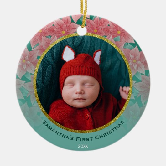 Red & Green Poinsettia Baby's First Christmas Keramik Ornament (Vorne)