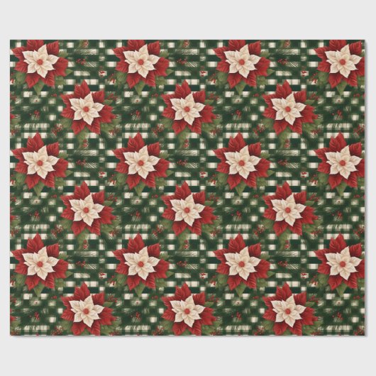 Red Green Poinsettia GIngham Pattern Präsent Geschenkpapier (Flach)