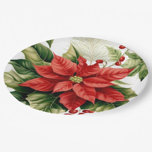 Red Green Poinsettia Holly Berry Weihnachtsferien Pappteller (Schrägansicht)