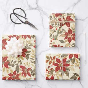 Red Green Poinsettias Vintage Weihnachten Geschenkpapier Set