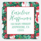 Red & Green Preppy Snowmen Rücksendeadresse Quadratischer Aufkleber (Vorderseite)