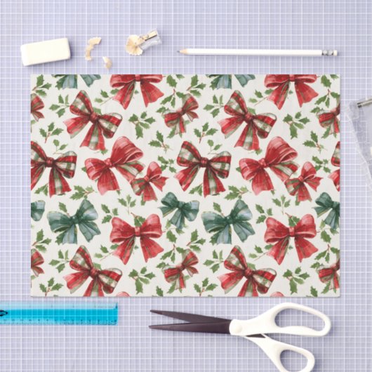 Red Green Retro Plaid Bows Christmas Seidenpapier (Handwerk)