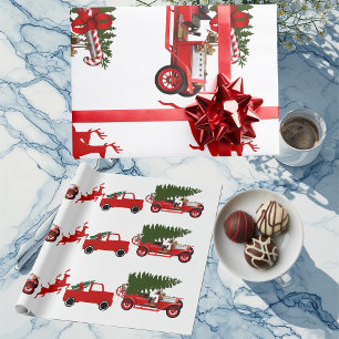 Red Green Retro Truck Rentiere Weihnachtsfracht Geschenkpapier