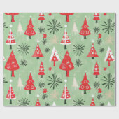 Red Green Retro Weihnachtsbaumen Geschenkpapier (Flach)