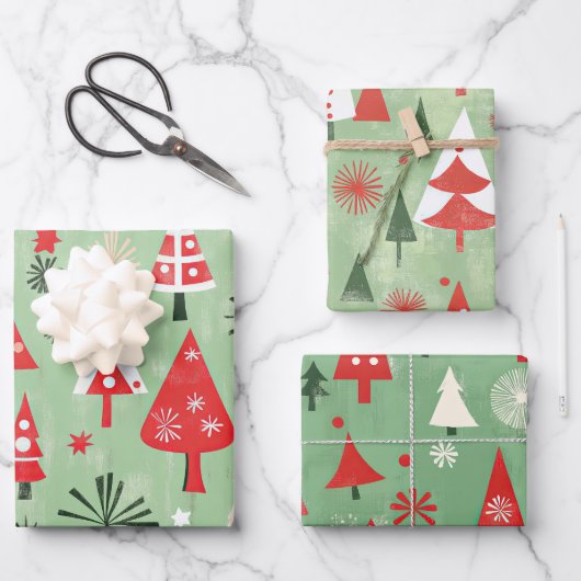 Red Green Retro Weihnachtsbaumen Geschenkpapier Set (Vorderseite)