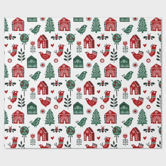 Red & Green Scandinavian Christmas Wrapping Paper Geschenkpapier (Flach)