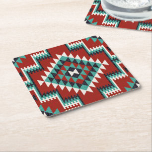 Red Green Schwarz-weiß Oriental Kilim Pattern Rechteckiger Pappuntersetzer