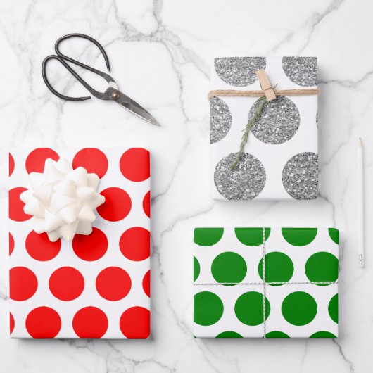 Red Green Silver Glitzer Polka Dog Weihnachten Geschenkpapier Set (Vorderseite)