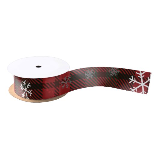 Red Green Snowflakes Rustikales Muster Weihnachten Satinband (Spule)