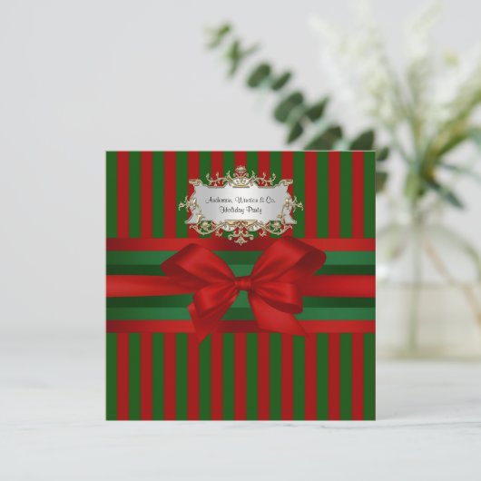 Red Green Strip Ribbon & Bow Chrismas Einladung (Stehend Vorderseite)