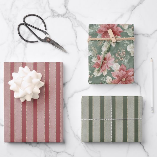 Red Green Stripes Floral Christmas Geschenkpapier Set (Vorderseite)