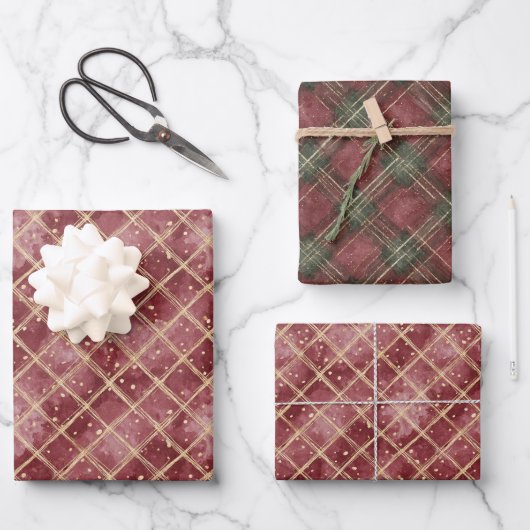 Red Green Stripes Plaid Christmas Geschenkpapier Set (Vorderseite)