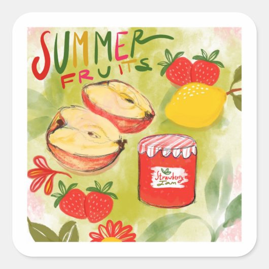 Red Green Summer Fruits Illustration Quadratischer Aufkleber (Vorderseite)