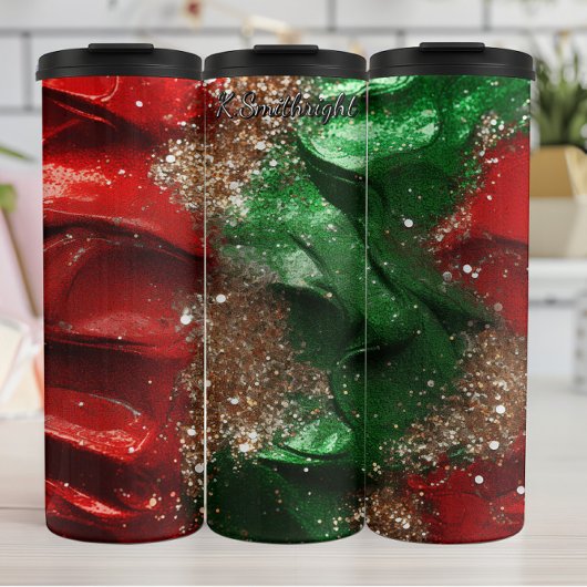 Red Green Swirl Christmas Glitter Thermosbecher