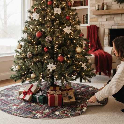Red Green Tartan Floral Weihnachten Polyester Weihnachtsbaumdecke