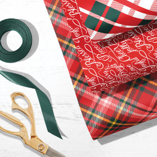 Red & Green Tartan Plaid Christmas Typography Geschenkpapier Set