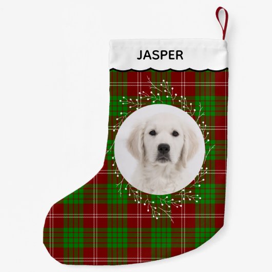 Red Green Tartan Plaid Winter Wreath Pet Dog Photo Kleiner Weihnachtsstrumpf (Rückseite)