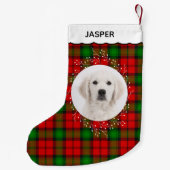 Red Green Tartan Plaid Winter Wreath Pet Dog Photo Kleiner Weihnachtsstrumpf (Rückseite)
