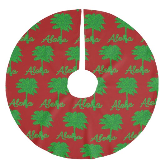 Red Green Tropical Palm Tree Aloha Tree Skirt Polyester Weihnachtsbaumdecke (Vorderseite)
