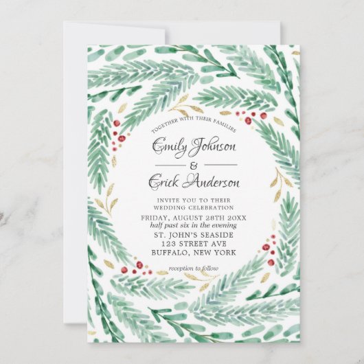Red Green und Gold Pine Blätter Weihnachten Hochze Einladung (Vorderseite)